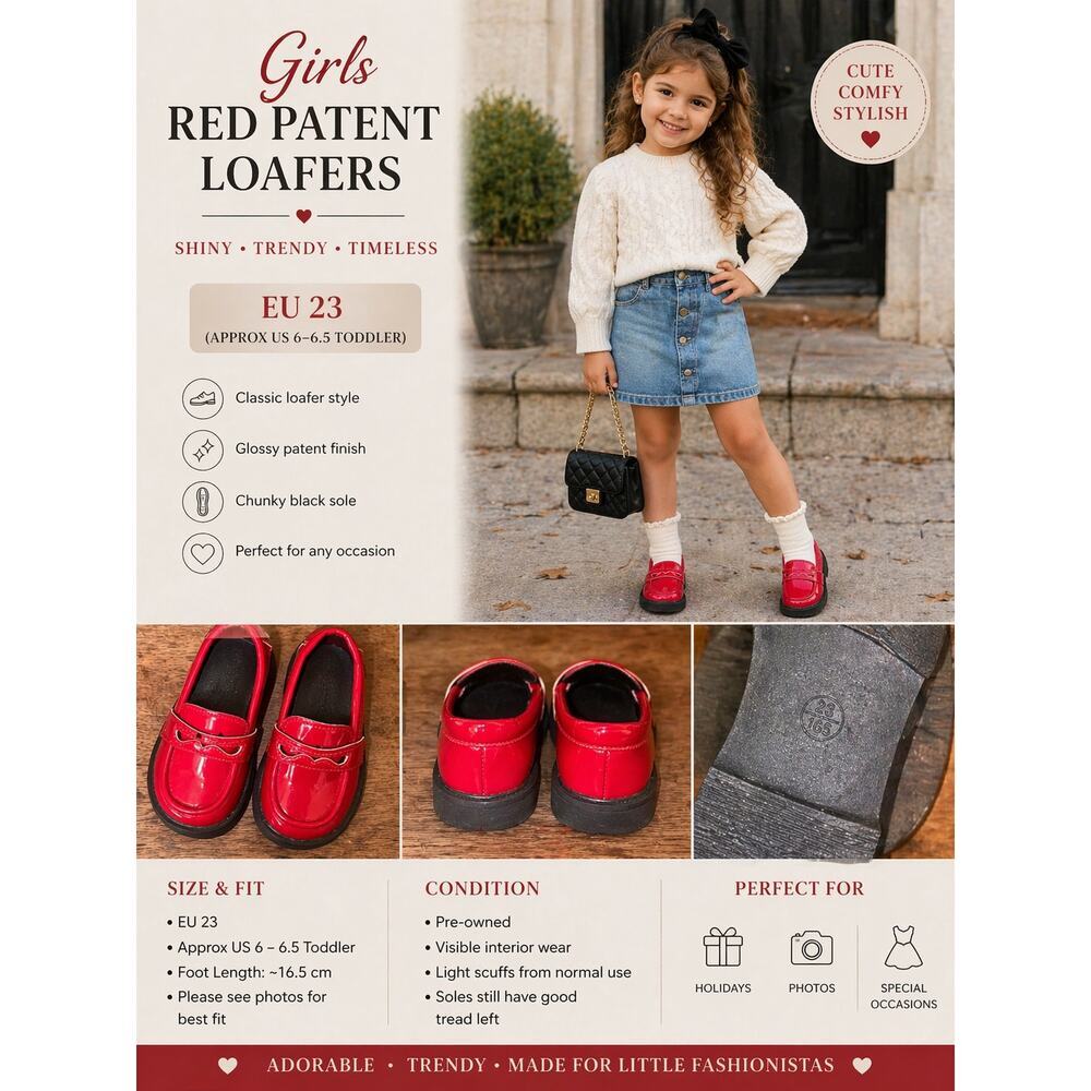 Girls Red Patent Leather Loafers EU 23 US 6 Toddler Chunky Dress Shoes